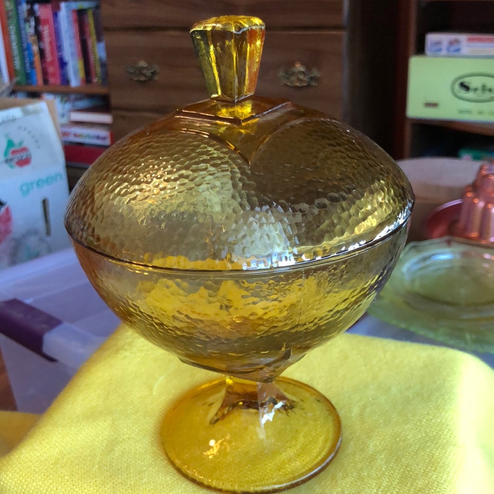 Vintage amber depression glass candy dish